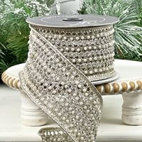 Jeweled Ribbon, Farrisilk Pearl Diamond Victorian 3"" Wired Platinum Christmas Ribbon | Etsy (US)