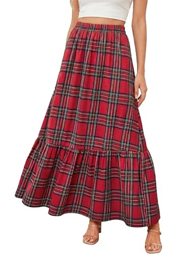CUPSHE Women Skirts Plaid Ruffled Maxi Skirt Holiday High-Rise Waist Long Skirt Red M | Amazon (US)