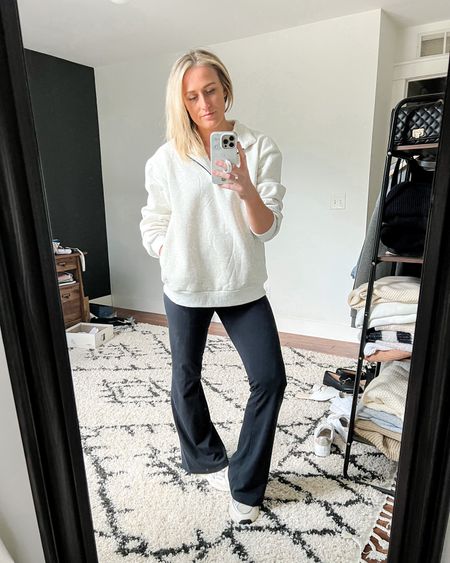 Spring outfit. Spring outfits. Casual outfit. Casual outfits. Crewneck sweatshirt. Oversized sweatshirt. Flare leggings. Split hem leggings. Sneakers. 

Sizing
Pullover is a medium.
Leggings are a medium long.

#LTKunder100 #LTKunder50 #LTKstyletip