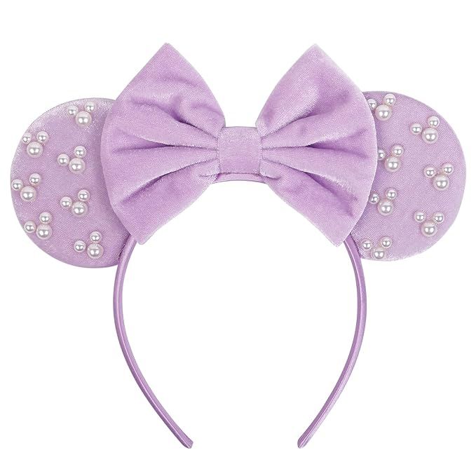 WOVOWOVO Mouse Ears Headbands for Women Girls Purple Bow Pearl Hairbands Velvet Headband Christma... | Amazon (US)
