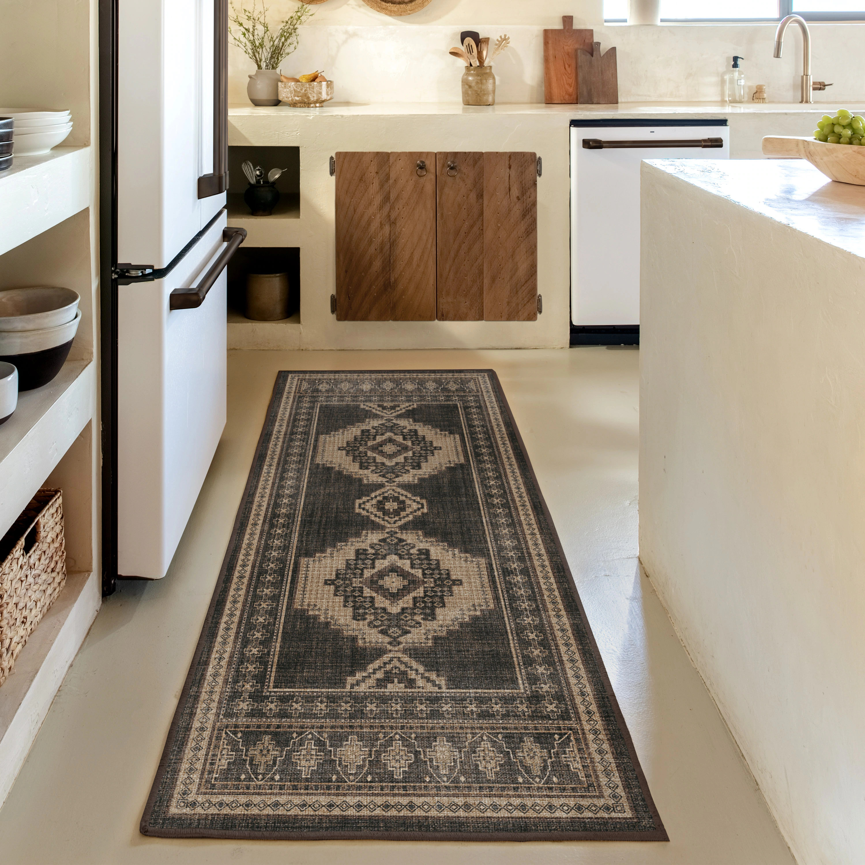 Ruggable Rayne 2 x 7 (ft) Flatweave Chenille Charcoal and Tan Rectangular Indoor Medallion Southwestern Machine washable Pet Friendly Runner rug 2 | Lowe's