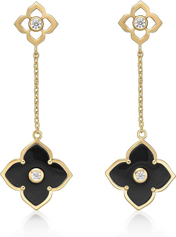 Amazon.com: Black Onyx Flower Dangle Drop Earrings for Women in 925 Sterling Silver with Yellow G... | Amazon (US)