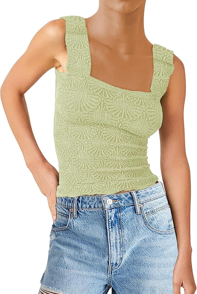 SAFRISIOR Women Square Neck Crop Tank Top Wide Straps Floral Fringe Lettuce Edge Hem Crop Cami Ta... | Amazon (US)