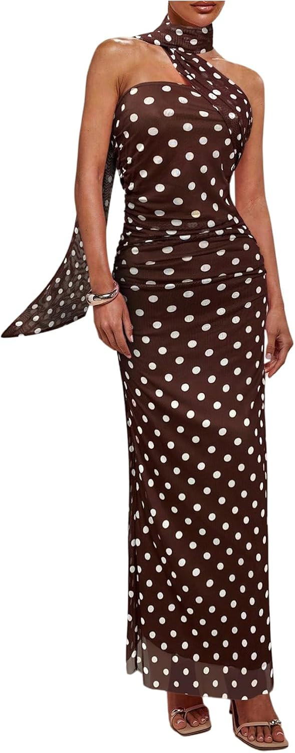 Milumia Women's Polka Dots Formal Work Wedding Guests Halter Maxi Dresses | Amazon (US)