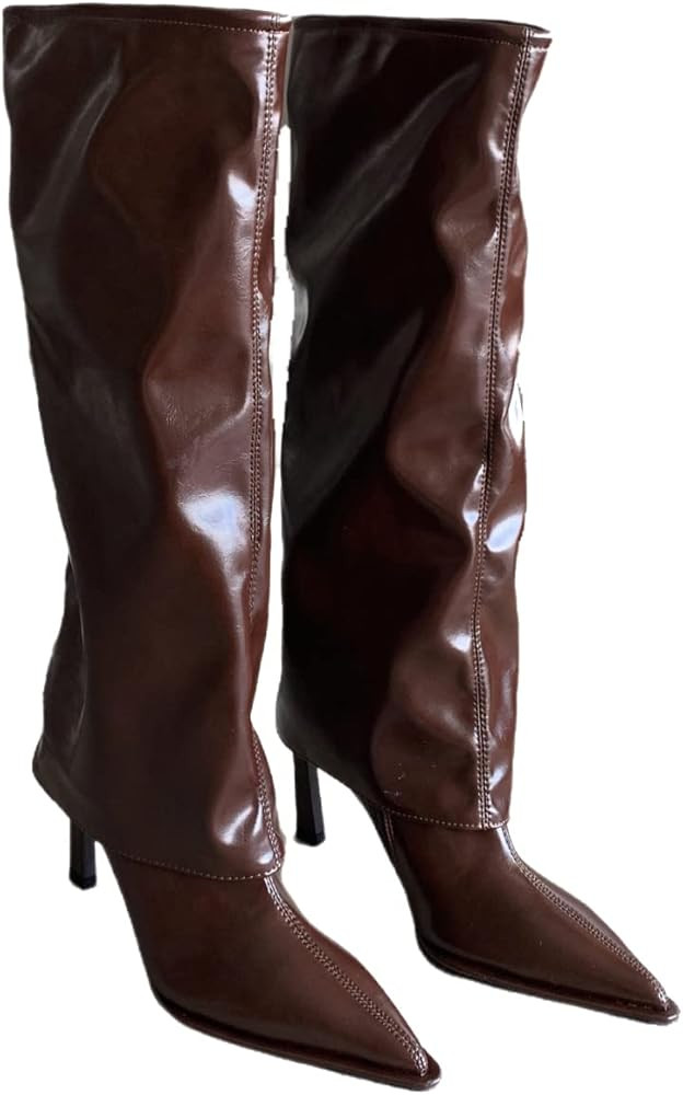 Hoxekle Woman Artificial Leather Knee-High Slip-on Pointed Toe Stiletto Heel Slouch Ruched Stretc... | Amazon (US)