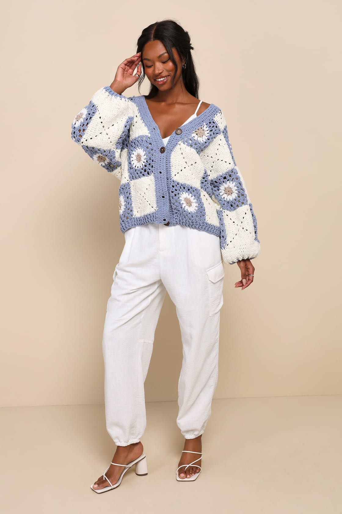 Myriam Blue & White Daisy Crochet Button-Up Cardigan Sweater | Lulus