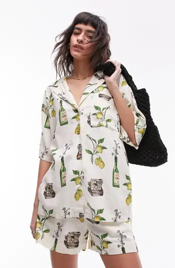 Topshop Still Life Print Linen Blend Short Sleeve Button-Up Shirt in Cream at Nordstrom Rack, Size 2 Us (Fits Like 0) | Nordstrom Rack