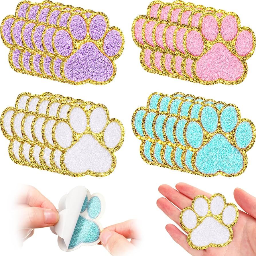 Jexine 24 Pieces Self Adhesive Paw Print Patch Chenille Paw Patch Dog Cat Paw Print Iron on Patch... | Amazon (US)