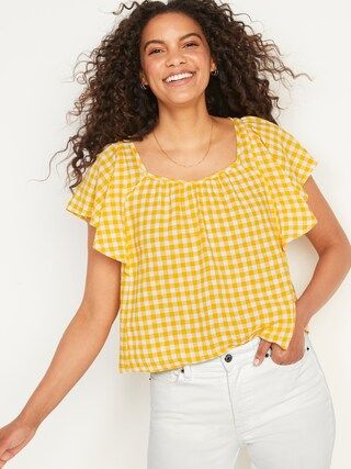 Gingham Linen-Blend Tie-Back Flutter-Sleeve Top for Women | Old Navy (US)