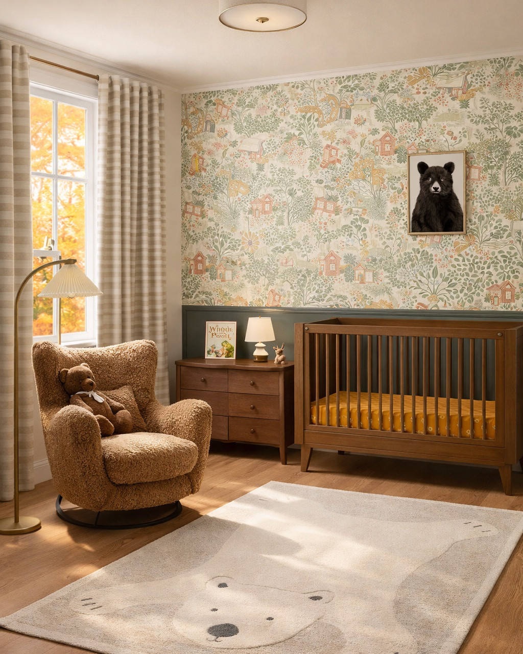 Bear-inspired Fall nursery design. Affordable bear rug, cute cottage wallpaper, striped curtains, crib and dresser. #homedecor #nurserydecor

#LTKHome #LTKBump #LTKKids