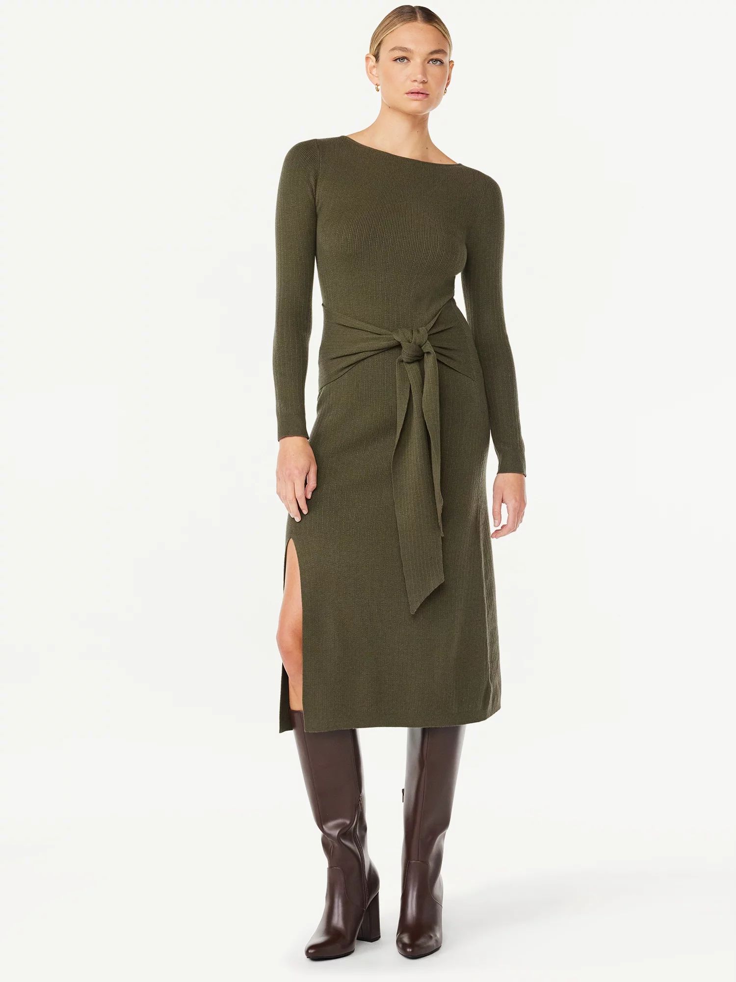 Scoop Women's Tie Midi Sweater Dress, Sizes XS-XXL | Walmart (US)