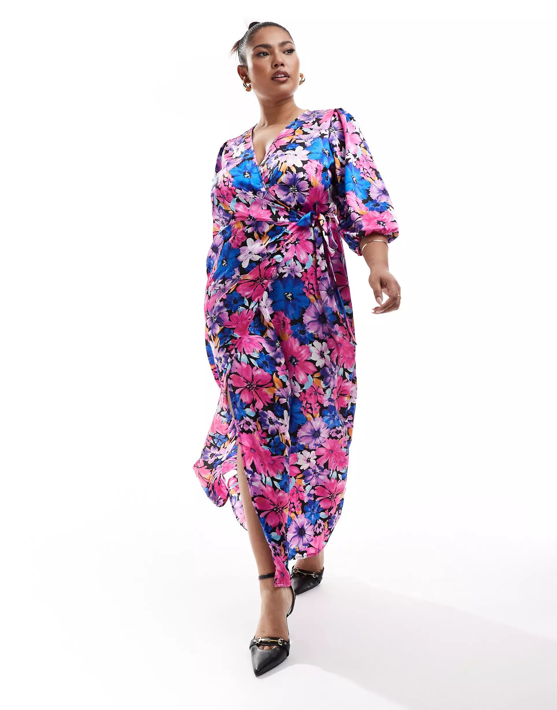 Vila Curve satin wrap maxi dress in purple floral print | ASOS (Global)