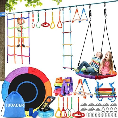 Amazon.com: Jugader 50FT Ninja Warrior Obstacle Course for Kids with Saucer Swing, Colorful Net, ... | Amazon (US)