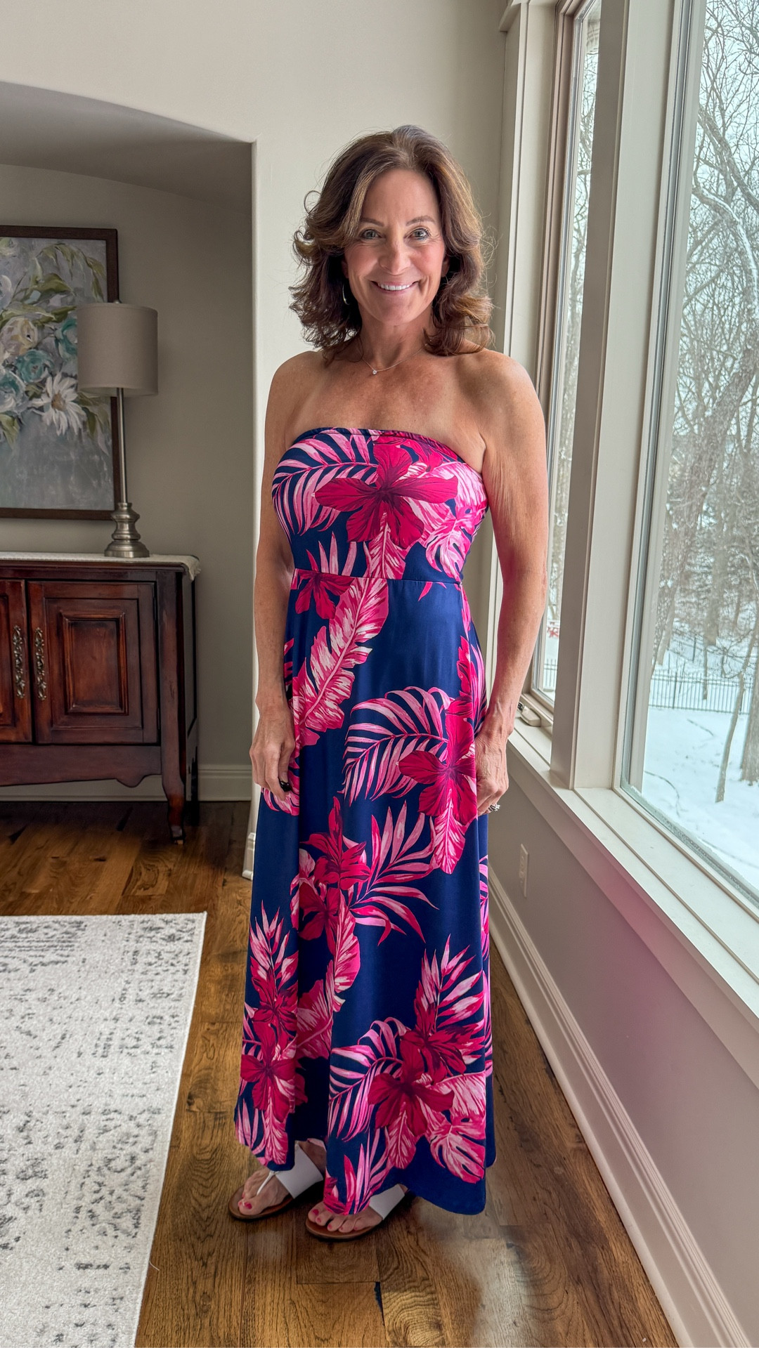 Strapless maxi dresses are my go-to for warm weather when I want easy, flattering, and zero effort. This tropical print feels vacation-ready but still works for summer dinners, beach walks, or resort nights. Just add flat sandals and you’re done — no styling stress required.

#LTKTravel
