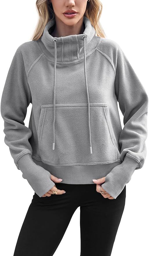Fisoew Women's Cropped Fleece Sweatshirts Stand Collar Long Sleeve Pullover Hoodies Thumb Hole | Amazon (US)
