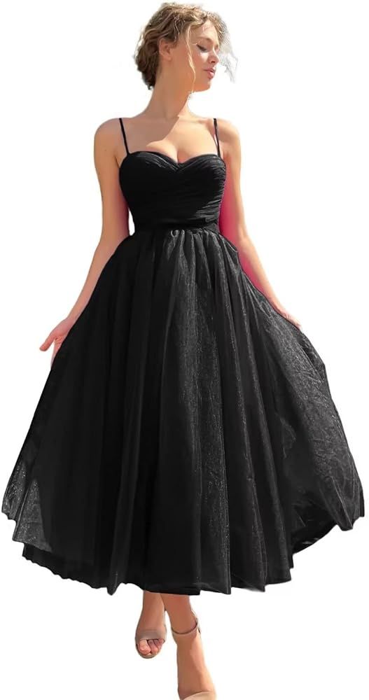 Sevintage Spaghetti Straps Tulle Prom Dress Tea Length Formal Party Evening Dress with Pockets | Amazon (US)