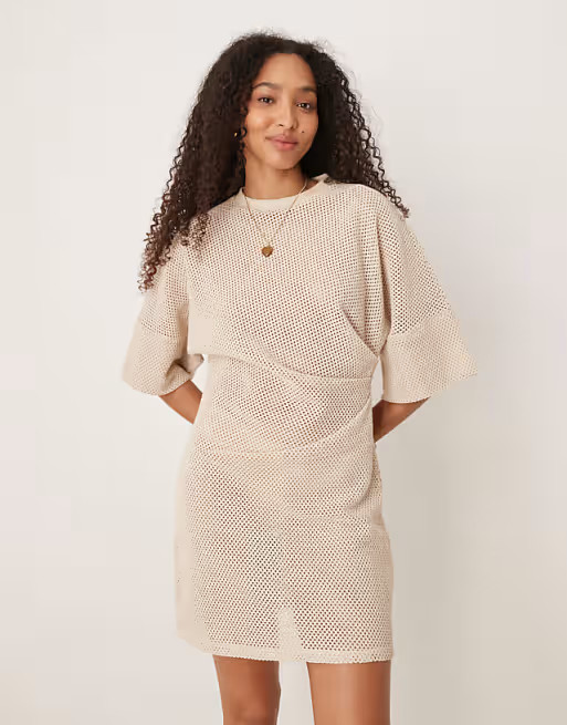 ASOS DESIGN crochet t shirt tuck mini dress in stone | ASOS | ASOS (Global)