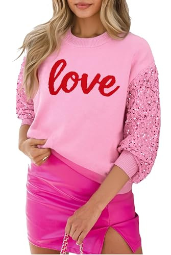 Valentines Sequin Sweater Womens Love Heart Valentines Day Outfit Crewneck Long Sleeve Holiday Knit Pullover Top | Amazon (US)
