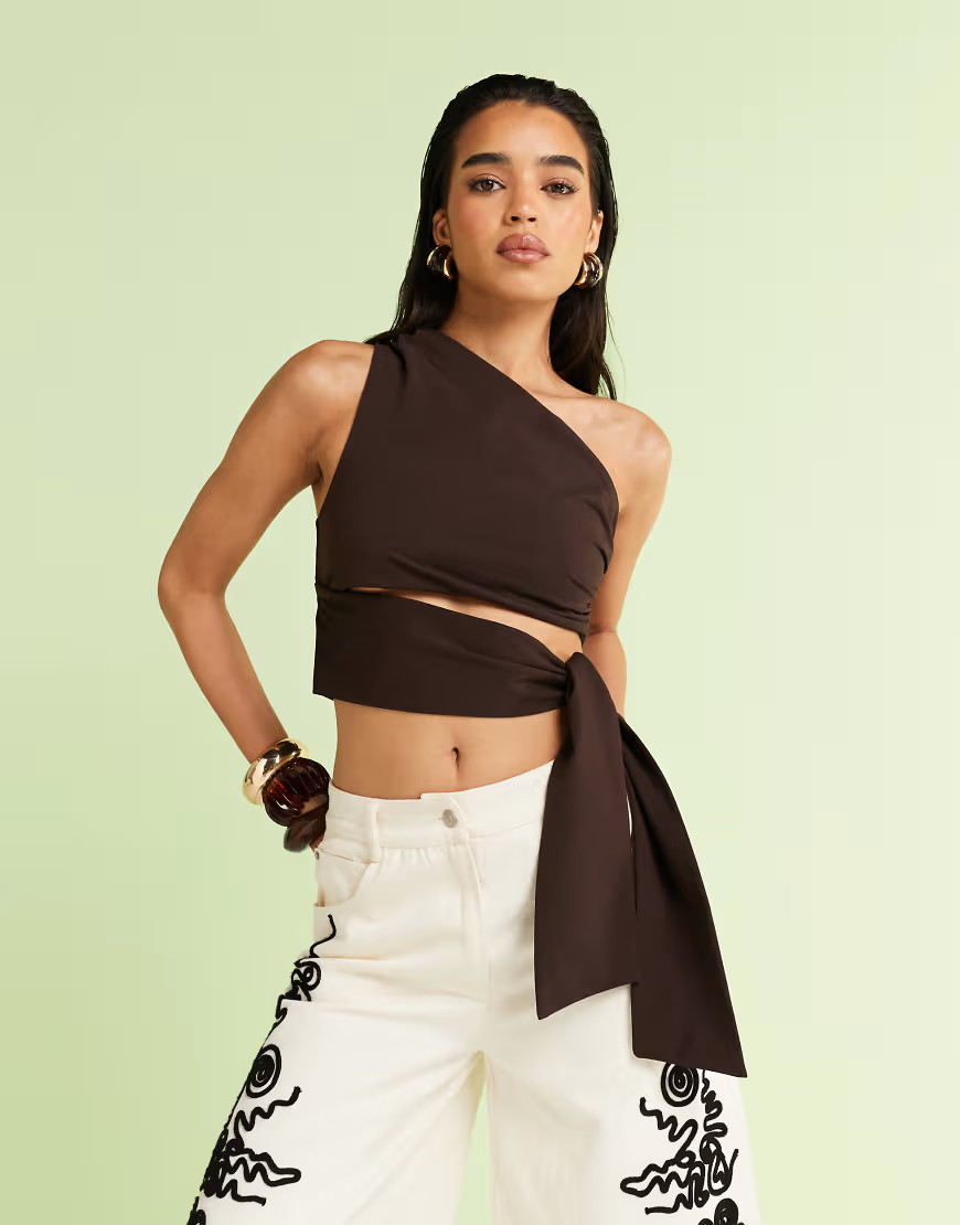 ASOS DESIGN clean one shoulder tie side top in chocolate-Brown | ASOS (Global)