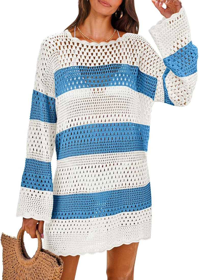 ANRABESS Women Swimsuit Crochet Swim Cover Up 2024 Summer Bathing Suit Swimwear Mesh Knit Beach D... | Amazon (US)