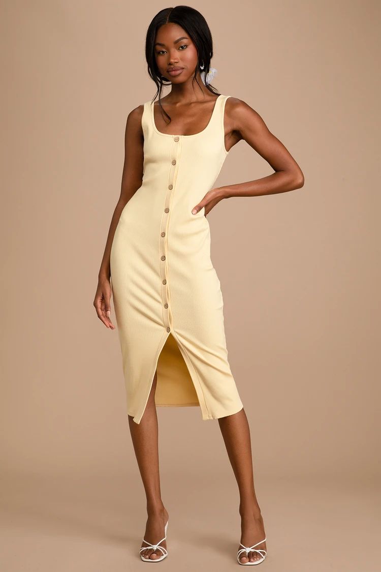 Look of Leisure Light Yellow Ribbed Button-Front Midi Dress | Lulus (US)