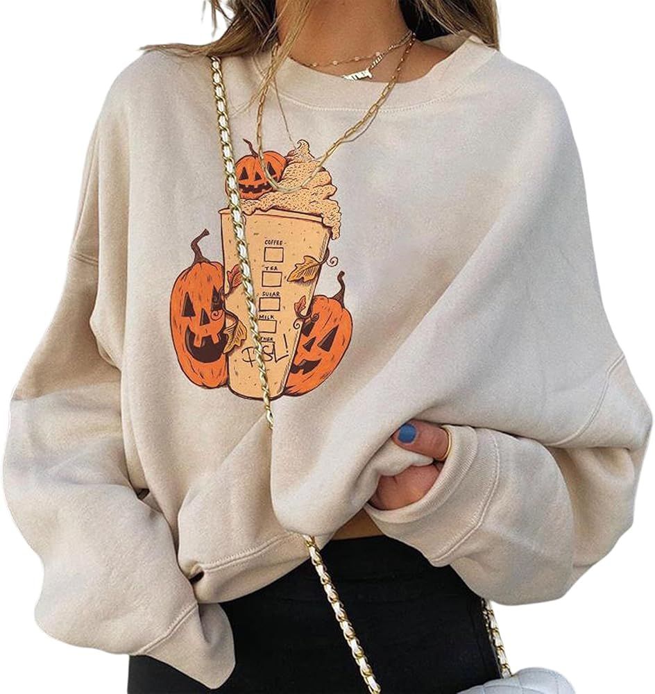Women Halloween Sweater, Pumpkin Print Long Sleeve Round Neck Sweatshirt | Amazon (US)