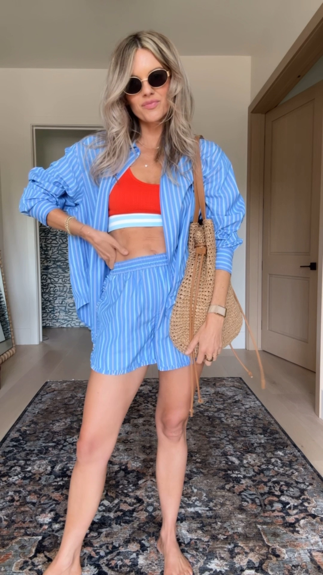I absolutely love this color combo! It’s so fun for Summer! Let me first talk about the swimsuit. I’m wearing a size small, which is my normal size and it is so flattering for a two-piece. I was super bloated when I filmed this, but there’s a band around the Middle that really helps with tummy control and made me feel super confident. Also, I have codes for this brand if you want to throw another item or two in your cart to get a discount. Code LoveAli15 will give you 15% off Cupshe orders over 70USD+ and LoveAli20 will give you 20% off orders over 135USD+  (you can search Kashi on my LTK page and see a bunch of stuff I have from them if you need ideas)￼

And then I’m also wearing a small in the set. Honestly, I almost feel like I could’ve sized down one in the top. You can buy them separately so you can get a different size in the shorts and the top. But I also really like the oversize fit. Up to you! If you’re in-between sizes normally than size down. ￼

#LTKdayinmylife #LTKOver40