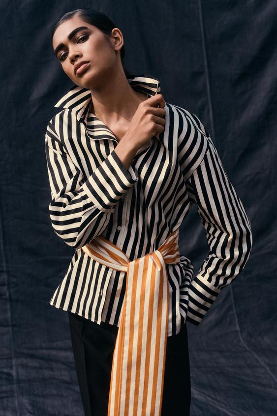 Zara - Striped Shirt With Contrasting Belt - Ecru / Black - M - Woman | Zara US