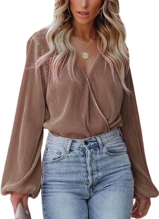 CUPSHE Women Long Lantern Sleeve Shirts Fall Tops Dressy Casual Loose Fit V Neck Blouses | Amazon (US)