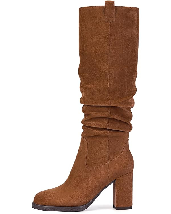 Suede Knee High Boots for Women - Tall Chunky High Heel Dress Boot with Side Zipper, Round Toe Ru... | Amazon (US)
