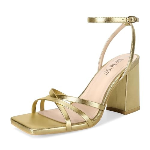 wetkiss Gold Heels Strappy Square Open Toe Chunky Block High Heel with Buckle Ankle Strap Heeled Sandals for Women Sexy Party (Gold Size6.5) | Amazon (US)