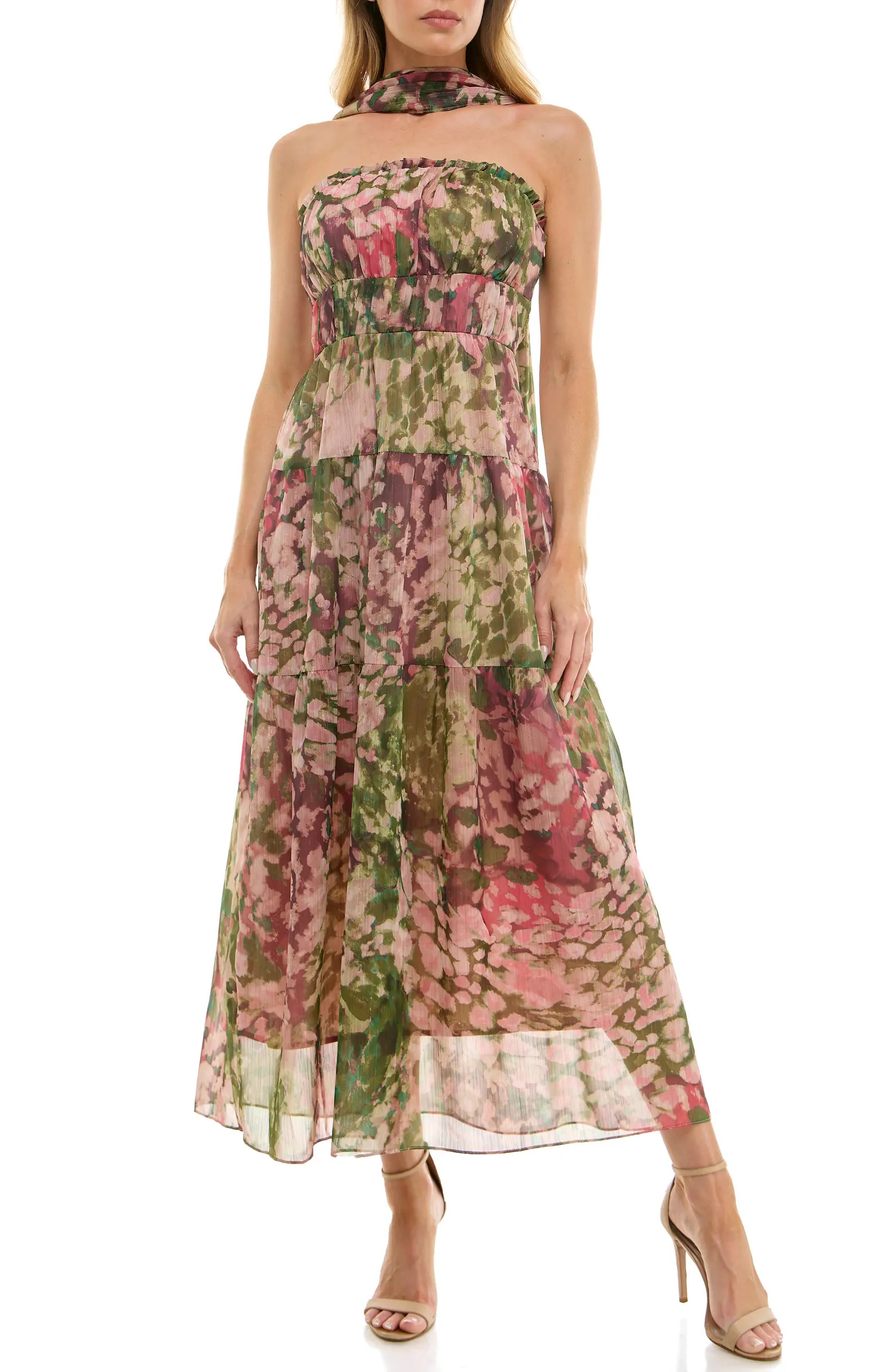 Metallic Floral Strapless Dress & Scarf Set | Nordstrom