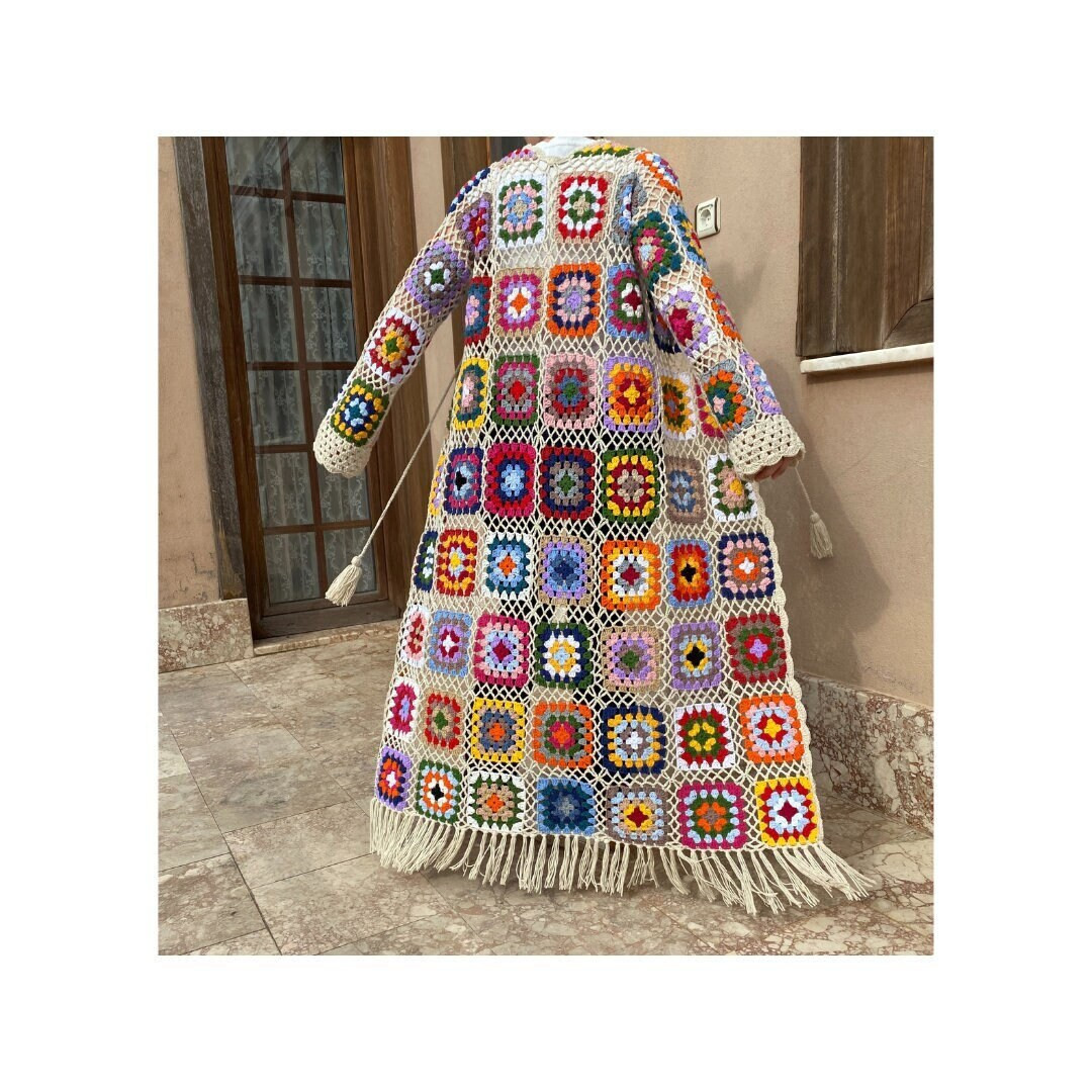 Granny Square Cardigan, Crochet Long Sleeve Jacket & Crochet Bucket Hat Set, Floor Length Cardiga... | Etsy (US)