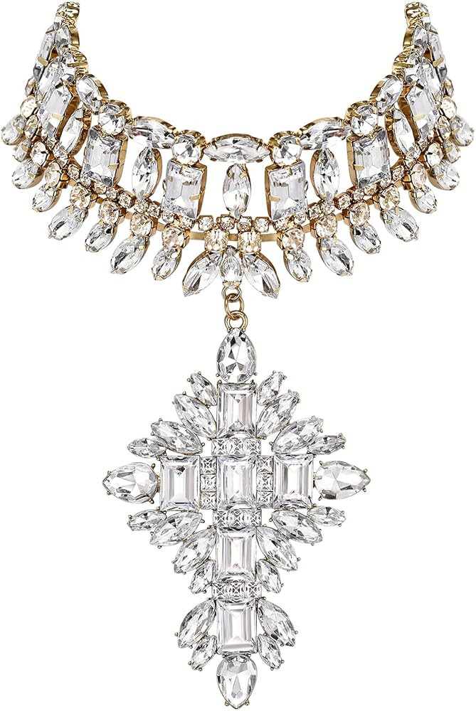 Flyonce Costume Statement Bib Necklace, Sparkly Rhinestone Crystal Vintage Art Deco Chunky Choker... | Amazon (US)