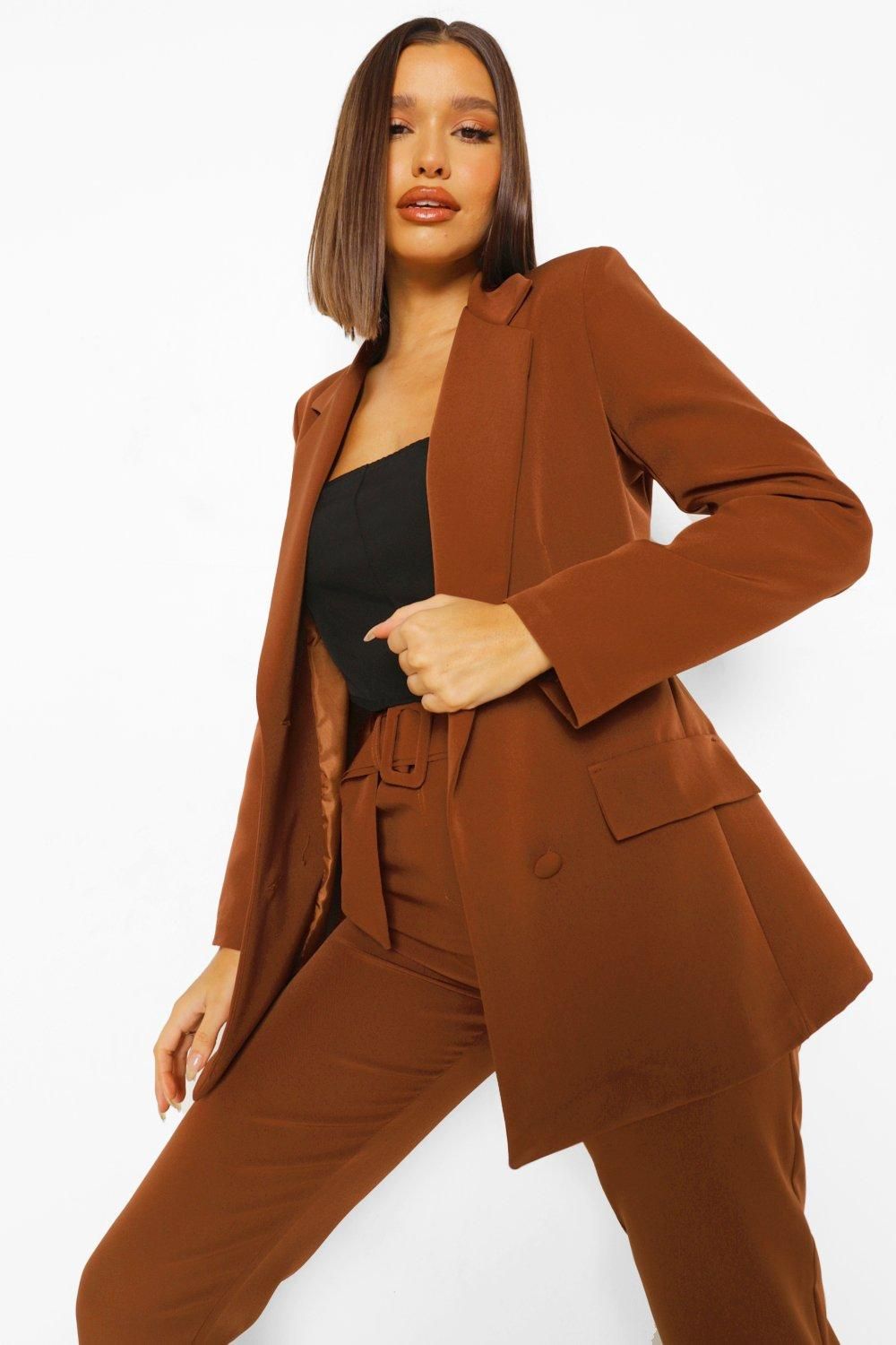 Womens Woven Double Breasted Pocket Blazer - Brown - 8 | Boohoo.com (US & CA)