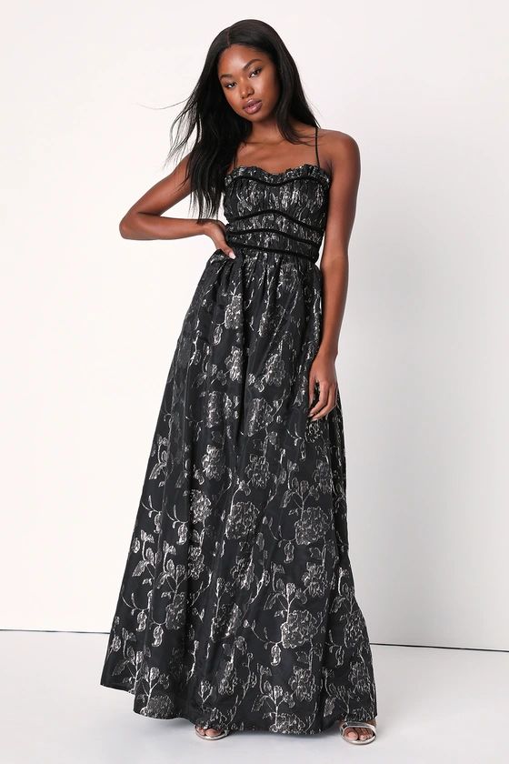 Sleek Shine Black and Silver Floral Jacquard Lace-Up Maxi Dress | Lulus (US)