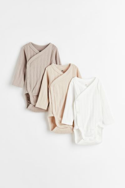 3-pack ribbed wrapover bodysuits - Light greige/Light beige - Kids | H&M GB | H&M (UK, MY, IN, SG, PH, TW, HK)