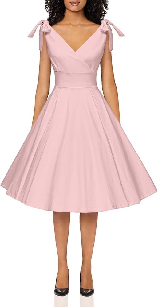 GownTown Women's 1950s V-Neck Adjustable Bowknot Swing Cocktail Dress | Amazon (US)
