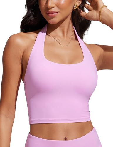 CRZ YOGA Womens Halter Bikini Tops Full Coverage Swim Bathing Suit Scoop Neck Backless Swimsuit Padded Vita Pink X-Large | Amazon (US)