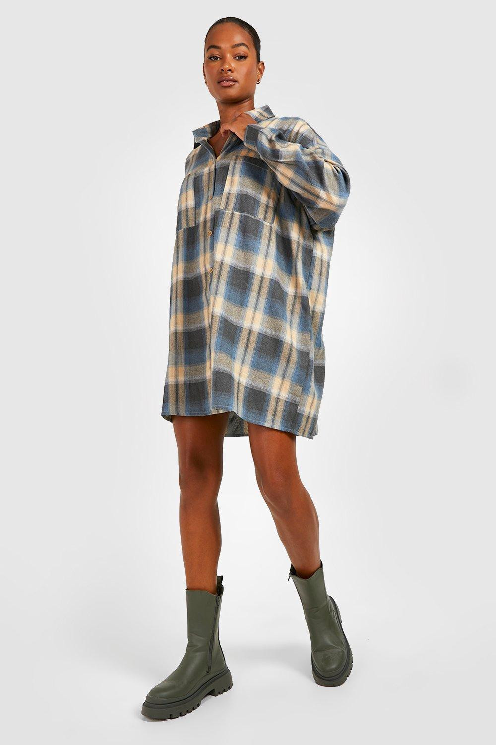 Womens Tall Oversized Flannel Shirt Dress - Beige - 14 | Boohoo.com (US & CA)