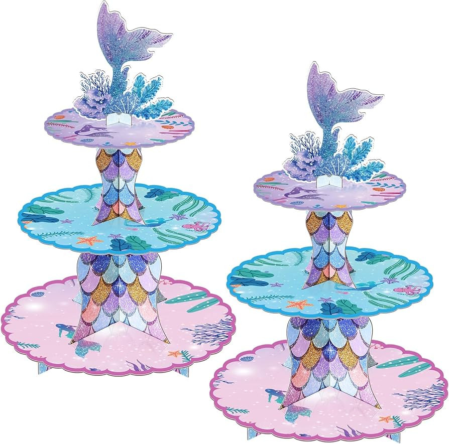 BACUTHY 2 Pack Mermaid Cupcake Stand Birthday Party Decorations, Under The Sea Supplies Favors wi... | Amazon (US)