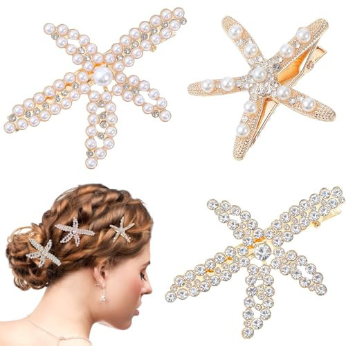 3 Pcs Starfish Hair Clip Gold Rhinestone Pearls Crystal Hair Barrettes Beach Hairs Accessories Sea Star Ponytail Holder Wedding Headpiece Hairpin Pins for Women, Girls, Bride Mermaid Clips | Amazon (US)