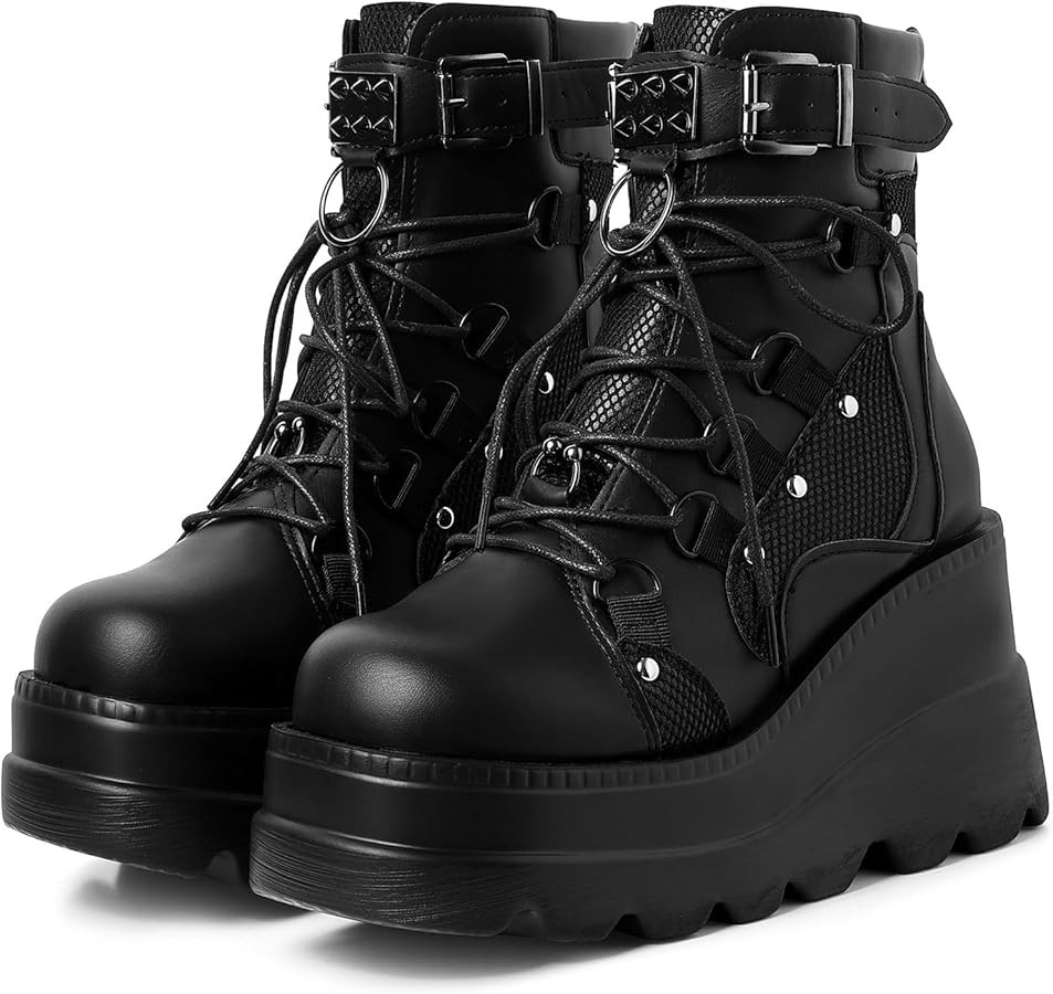 mikarka Holographic Platform Boots for Women, Lace Up Ankle Studded Buckle Goth Stacked Wedge Com... | Amazon (US)