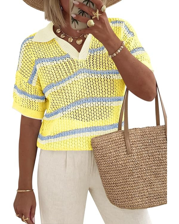 Saodimallsu Womens Crochet Tops Summer Short Sleeve Striped Pullover Sweater Collared Knit Shirts... | Amazon (US)