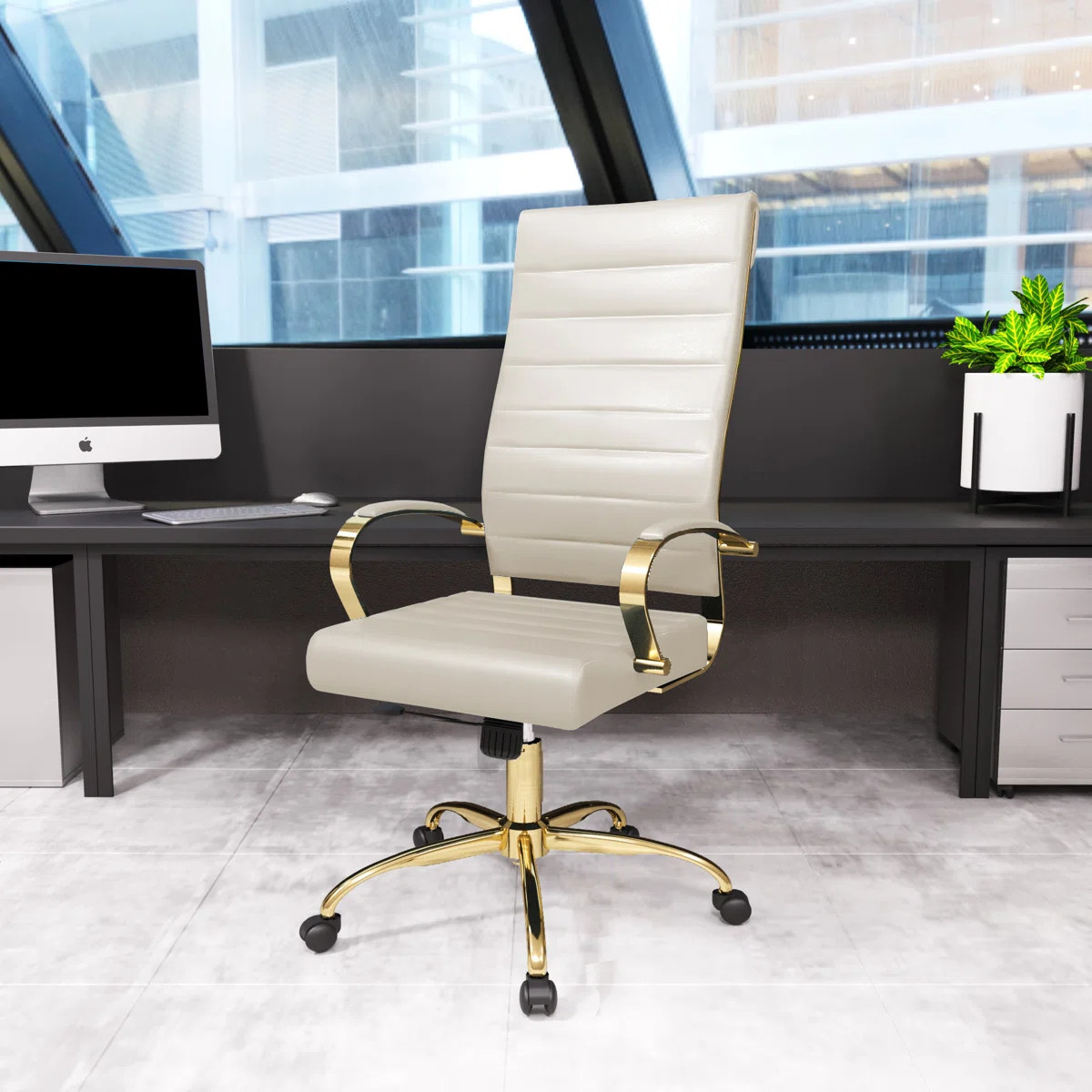 Humairaa Benmar Leather Office Chair in Gold Base | Wayfair North America