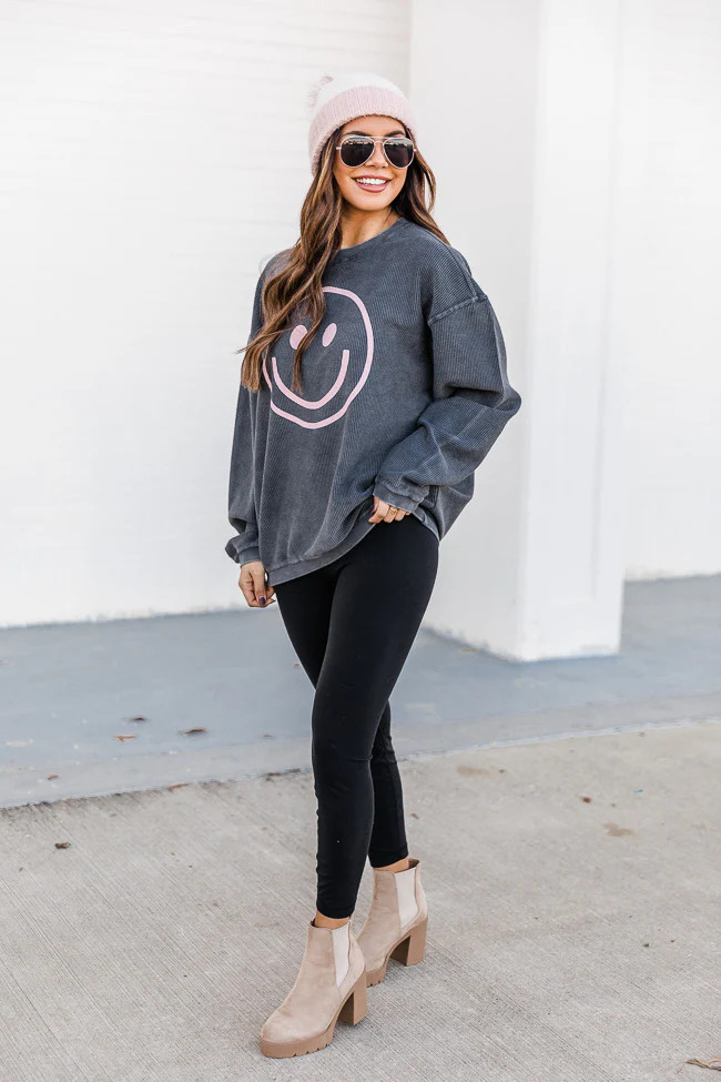 Pink Smiley Face Charcoal Corded Graphic Sweatshirt | Pink Lily