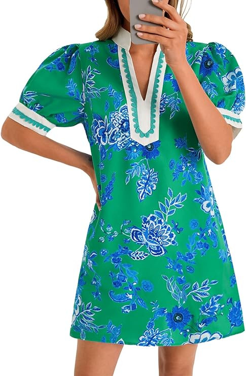 Wenrine Womens Summer Mini Dress Casual Floral Puff Sleeve V Neck Color Block Loose Boho Beach Dr... | Amazon (US)