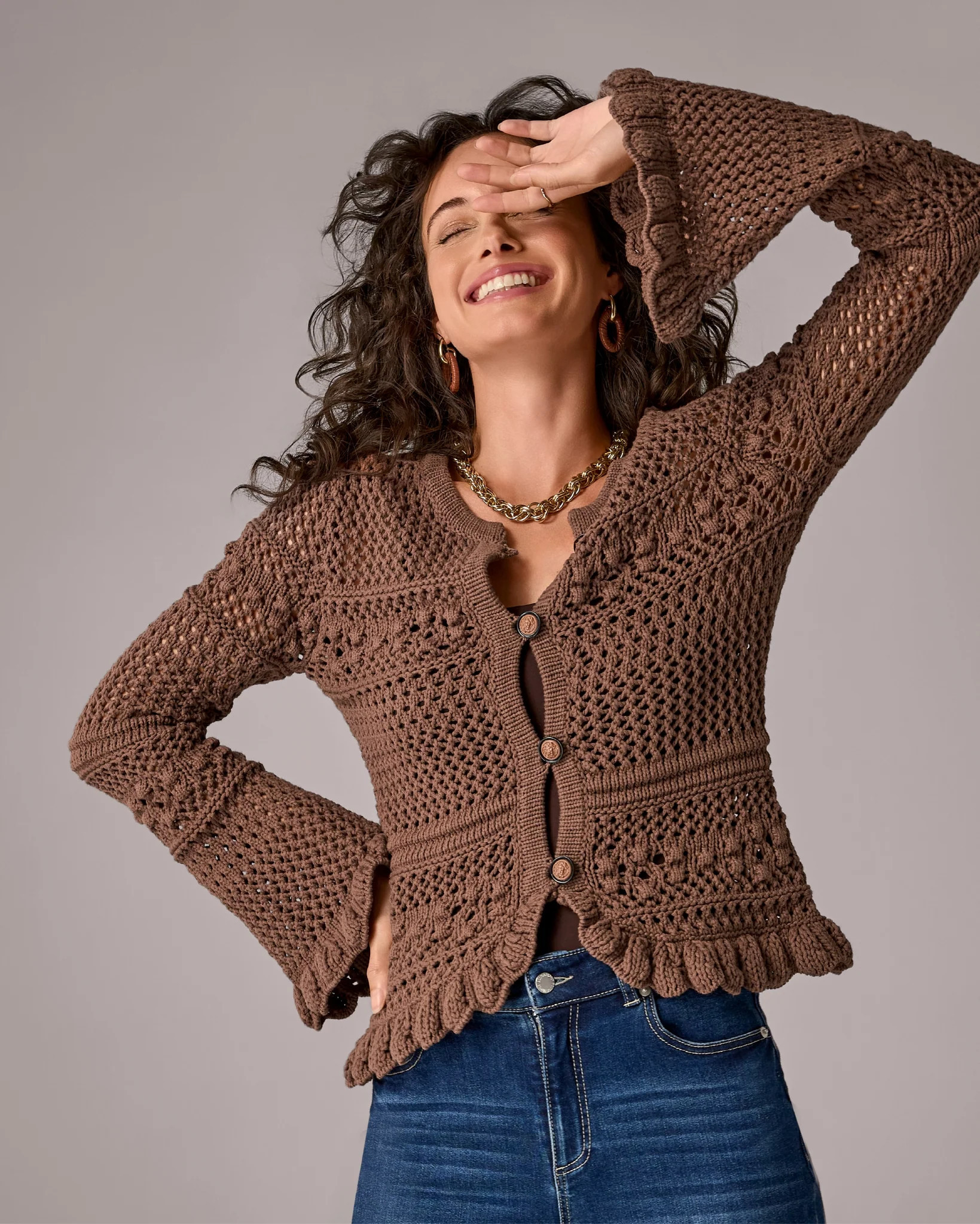 Flare Sleeve Pointelle Cardigan - Tan | Boston Proper