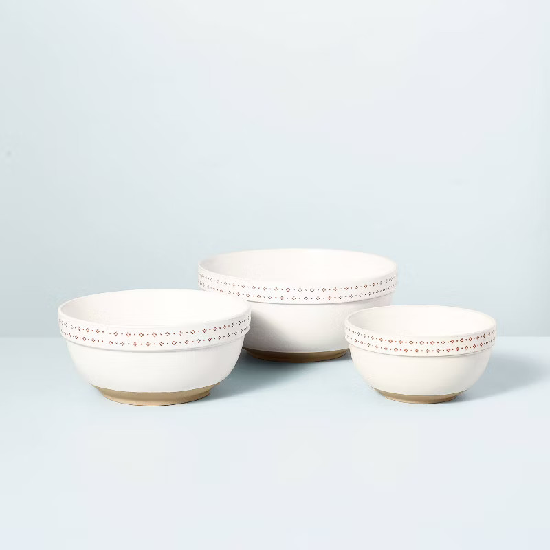 3pc Embossed Fleck Trim Stoneware Mixing Bowl Set Red/Cream - Hearth & Hand™ with Magnolia | Target