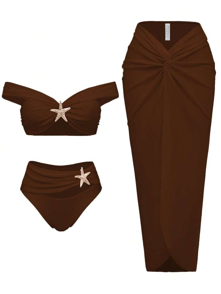 Swim Oasis 3pcs Set Summer Vacation Solid Color Sexy Golden Accessories Bandeau & One Shoulder Bikini Set, High Waist Front Twisted Long Skirt With Slit | SHEIN